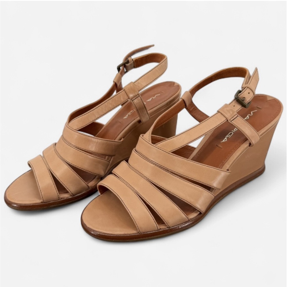 Via Spiga Sz 7M/37.5‎ Beige Leather Buckle Wedge Ankle Strap Heels Sandals
